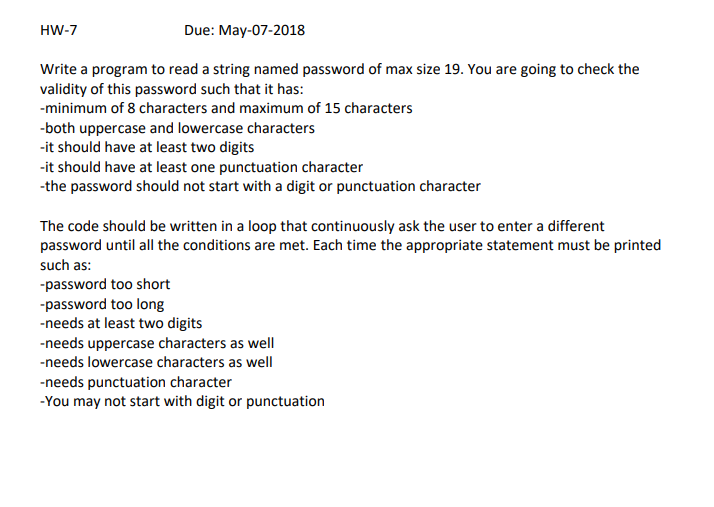 C programming HW-7 Due: May-07-2018 Write a program to read a string