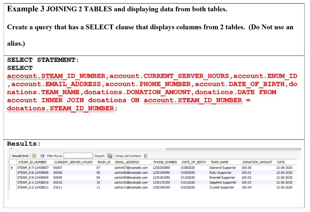 need help on these sql statements please. UPDATE: I have Included Example
