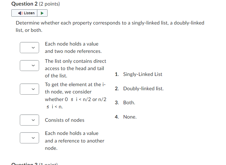 Determine whether each property corresponds to a singly-linked list, a doubly-linked