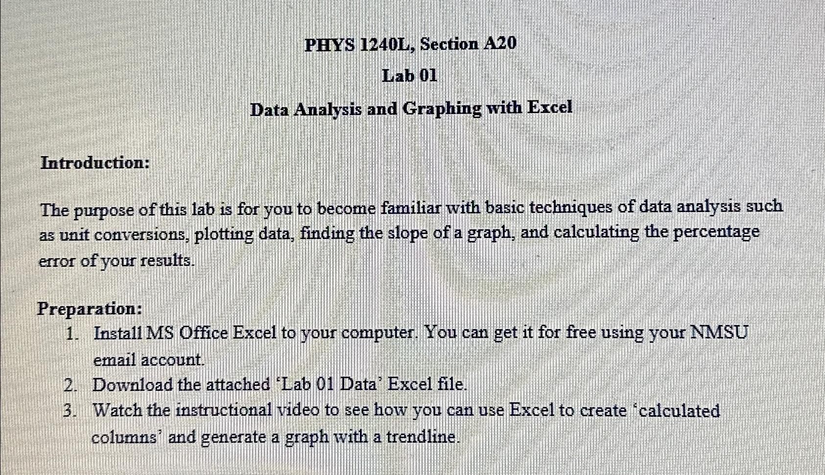  PHYS 1240L, Section A20 Lab 01 Data Analysis and Graphing with
