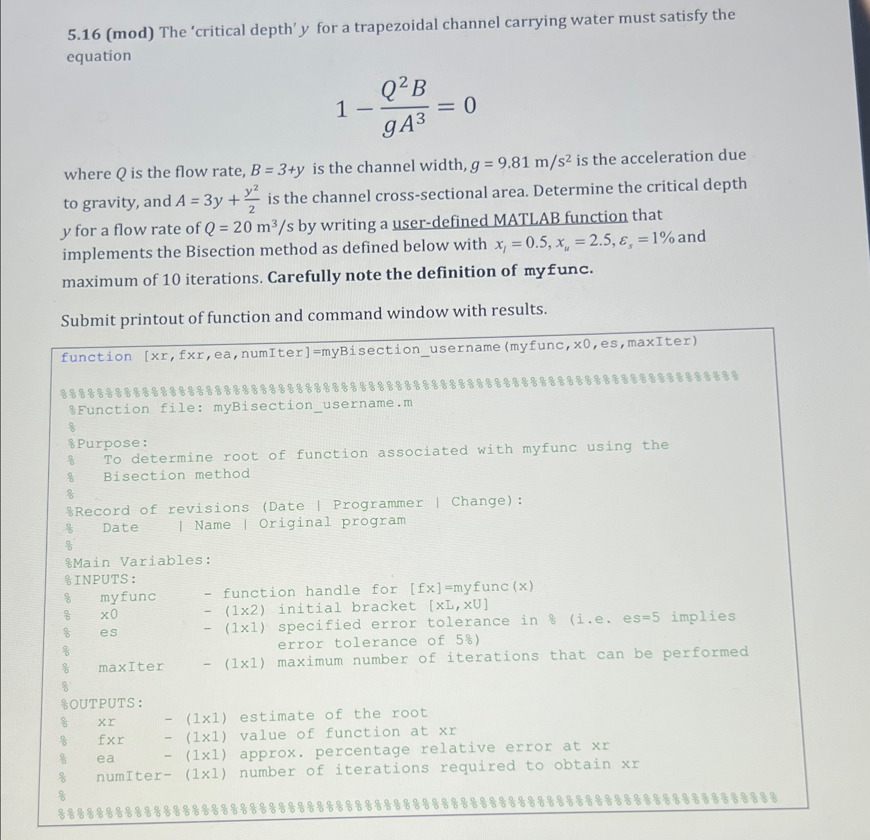  5.16(mod) The 'critical depth' y for a trapezoidal channel carrying water