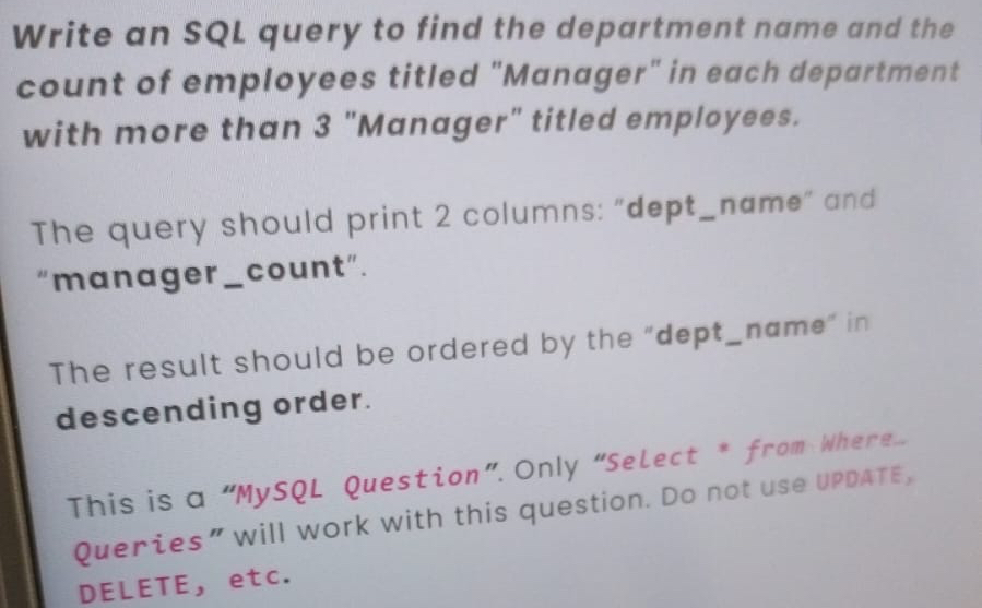  Write an SQL query to find the department name and the