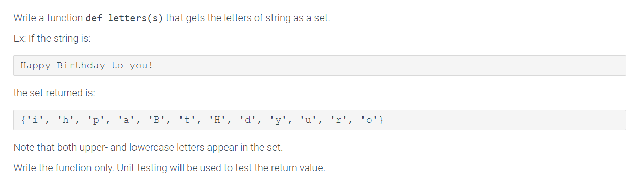 Write a function def letters (s) that gets the letters of