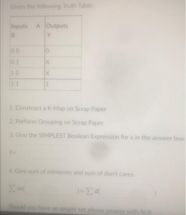 please help asap Given the following Truth Table: 1. Construct a K-Map