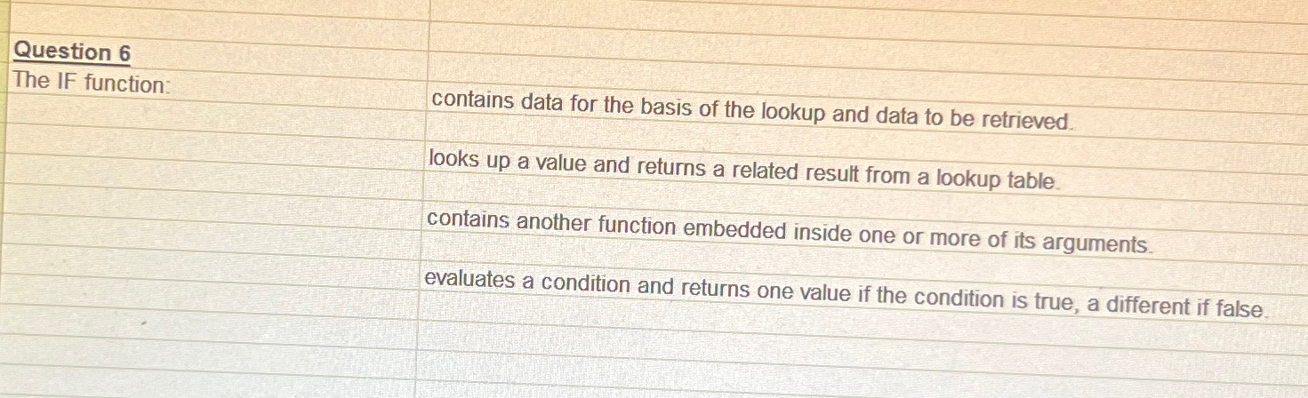  Question 6 The IF function: contains data for the basis of