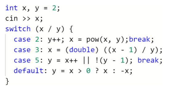 Given the following switch statement and values for x and y, determine