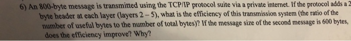  6) An 800-byte message is transmitted using the TCP/IP protocol suite