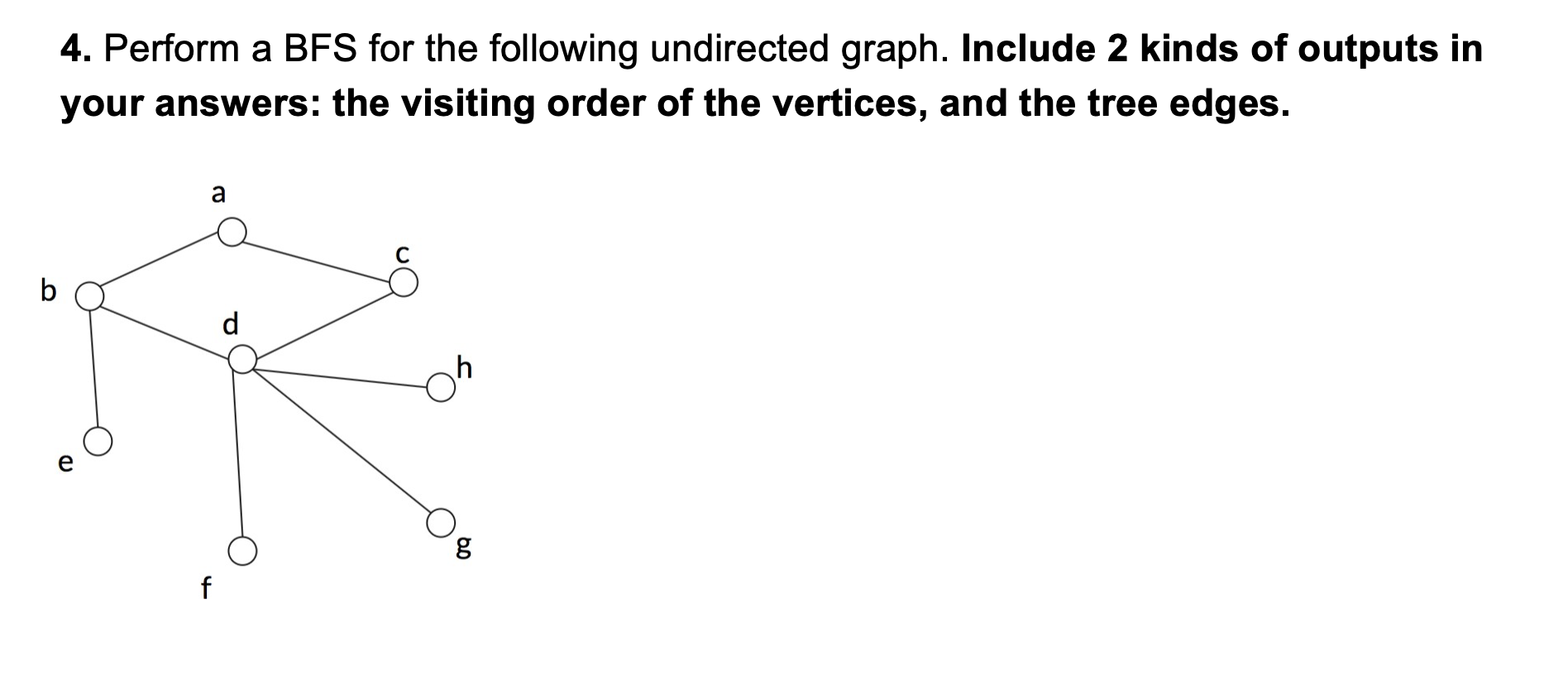 kinds of outputs in your answers: the visiting order of the vertices,