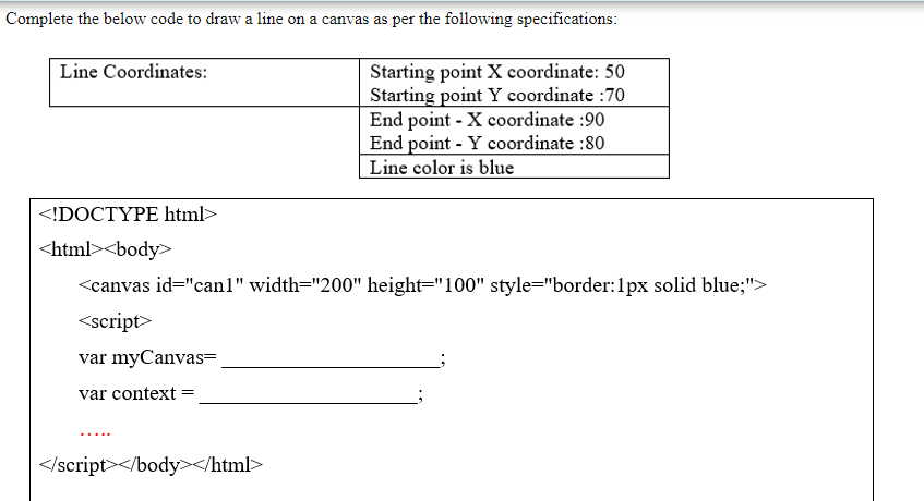 Complete the below code to draw a line on a canvas