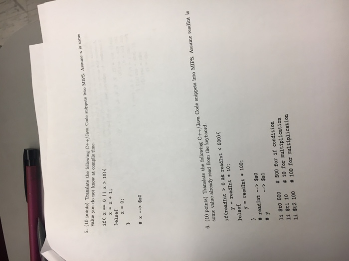  Translate the following C++/Java Code snippets into MIPS. Assume x is