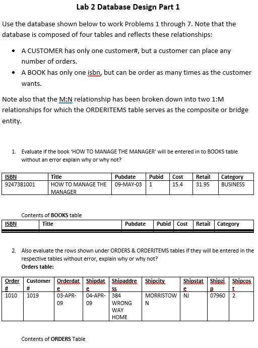  Lab 2 Database Design Part 1 Use the database shown below
