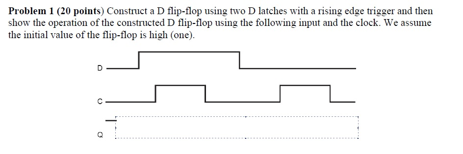 Construct a D flip-flop using two D latches with a rising