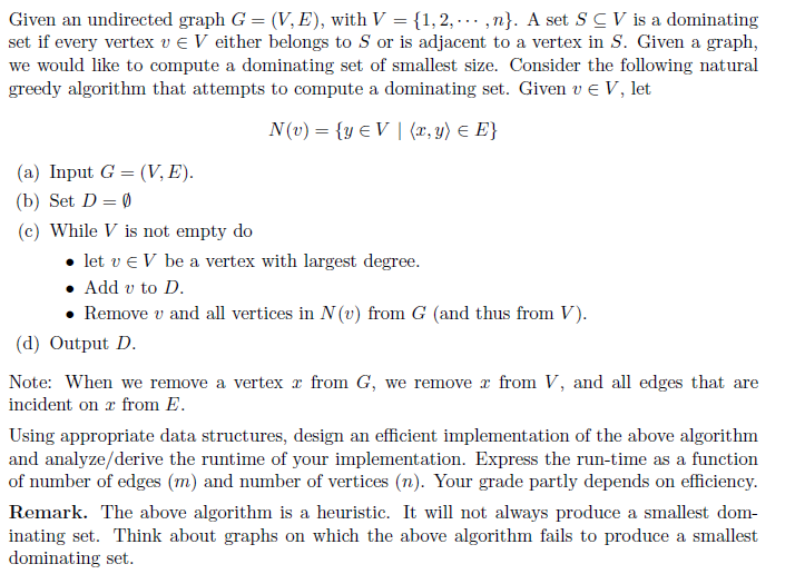  Given an undirected graph G = (V. E), with V =