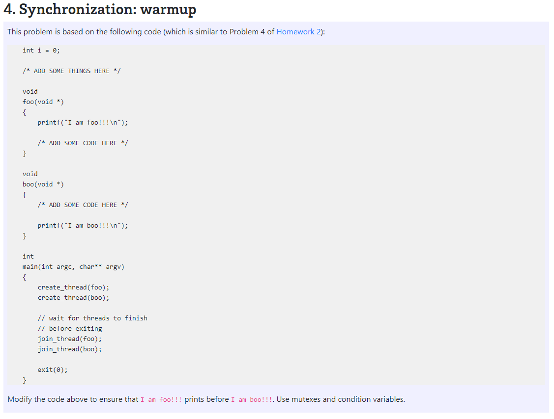  4. Synchronization: warmup This problem is based on the following code