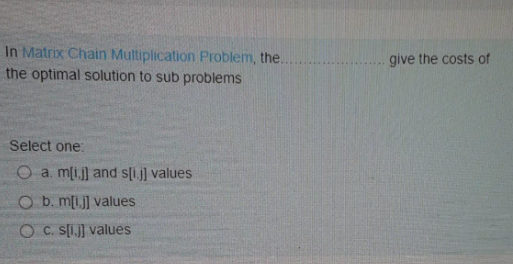 In Matrix Chain Multiplication Problem, the the optimal solution to sub