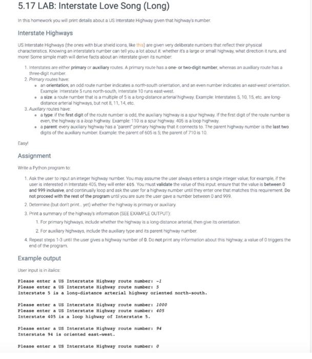  Programming language: Python 5.17 LAB: Interstate Love Song (Long) In this