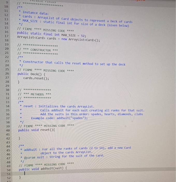How would I code these two Method(reset() & addSuit()) There first picture