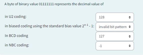  A byte of binary value 01111111 represents the decimal value of