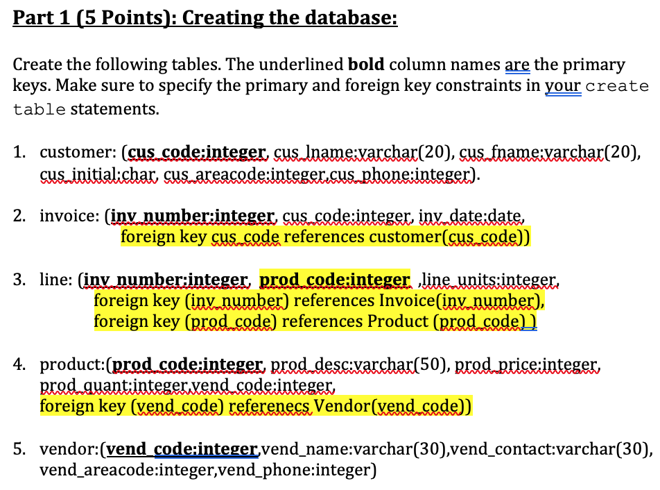 MYSQL Part 1 (5 Points): Creating the database: Create the following tables.