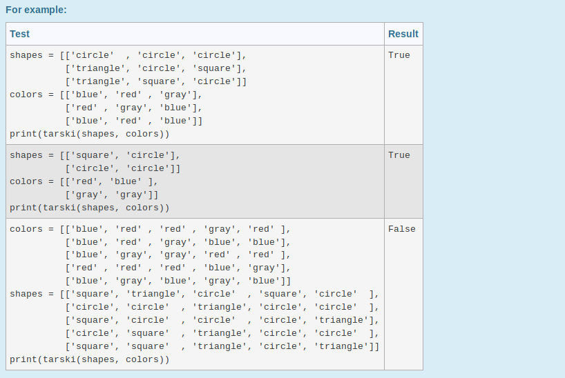(of lists), shapes and colors, and returns a single logical value True