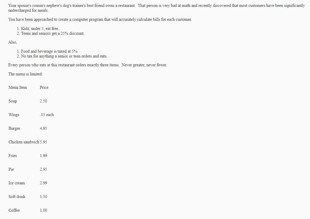 Write in Java with the use of Arrays please, and food/beverags must