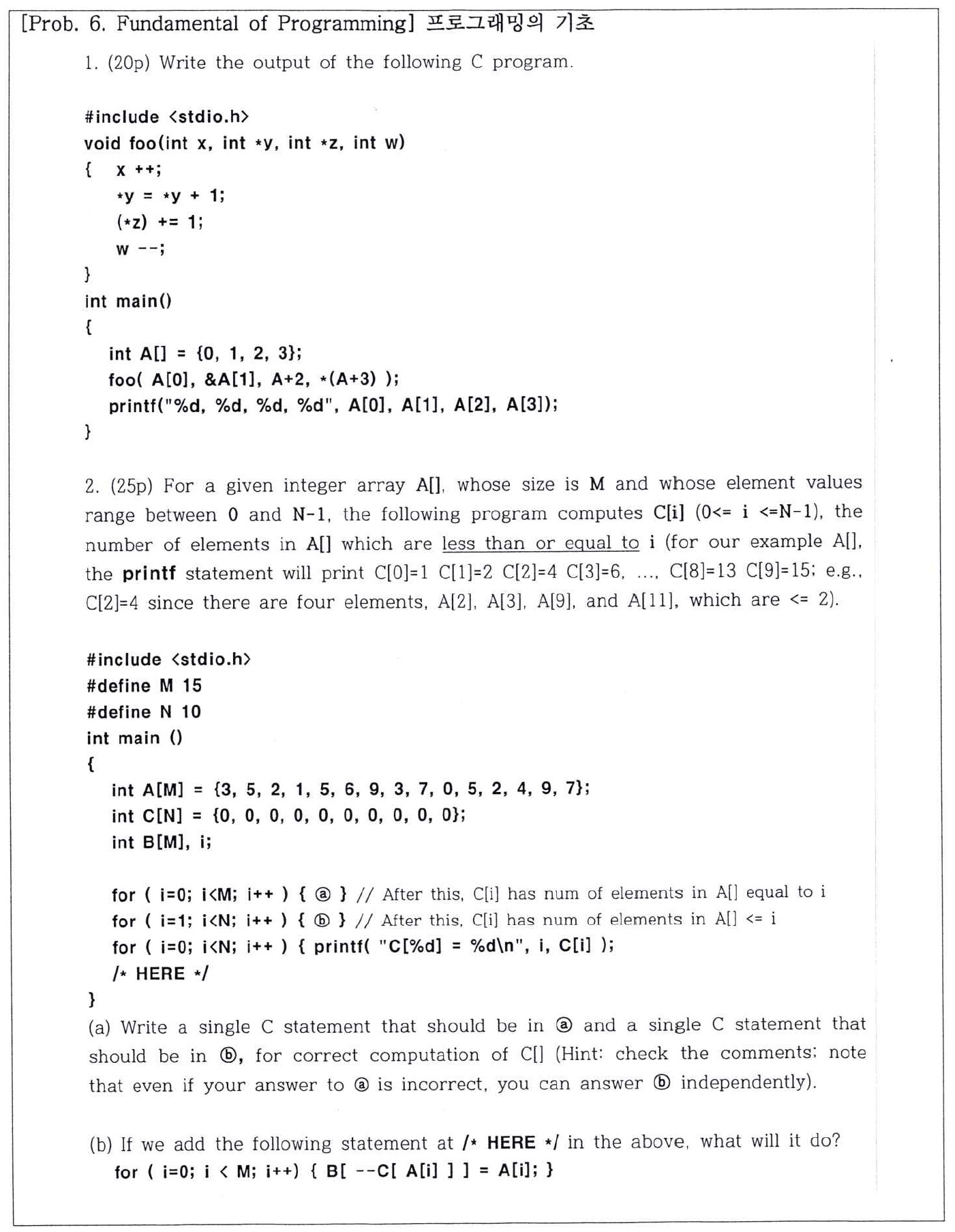  [Prob.6. Fundamental of Programming] (20p) Write the output of the following