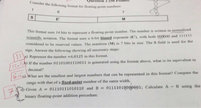  Consider the following format for floating-point numbers: This format uses 14