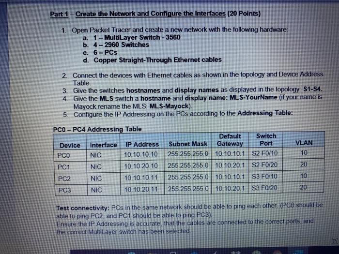  Part 1-Create the Network and Configure the Interfaces (20 Points) 1.