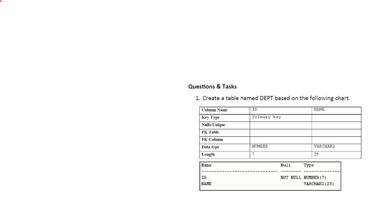  Questions & Tasks 1. Create a table named DEPT based on