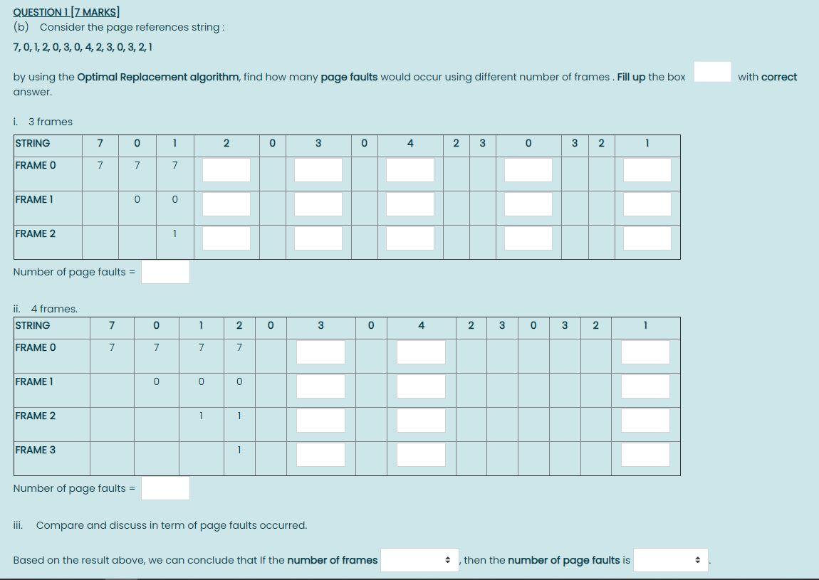  QUESTION 1 [7 MARKS] (b) Consider the page references string: 7,0,1,2,0,3,0,4,2,3,0,3,2,1