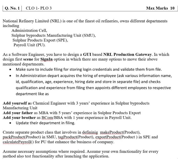  Java Q. No. 1 CLO 1- PLO 3 Max Marks 10