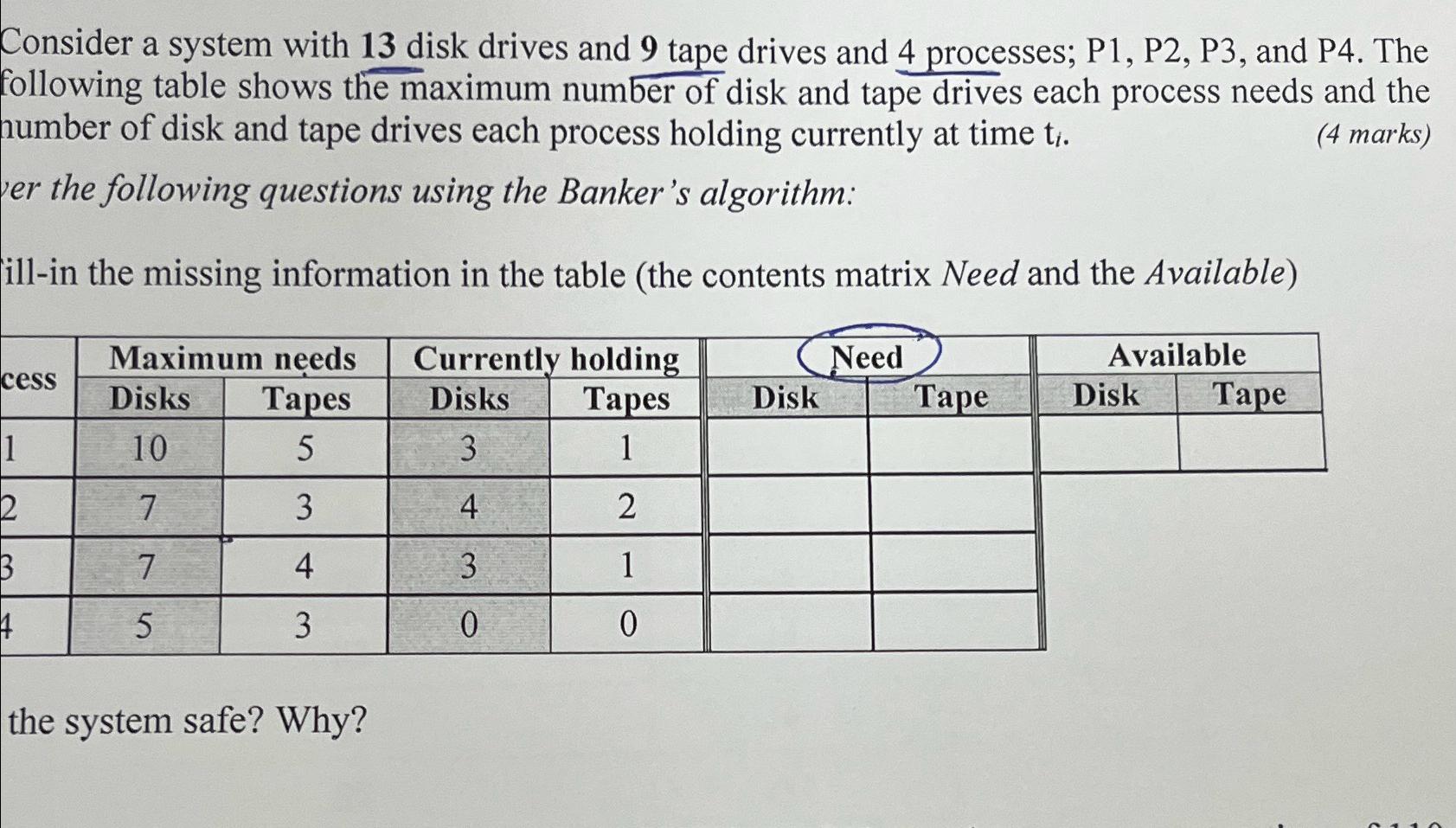  Consider a system with 13 disk drives and 9 tape drives