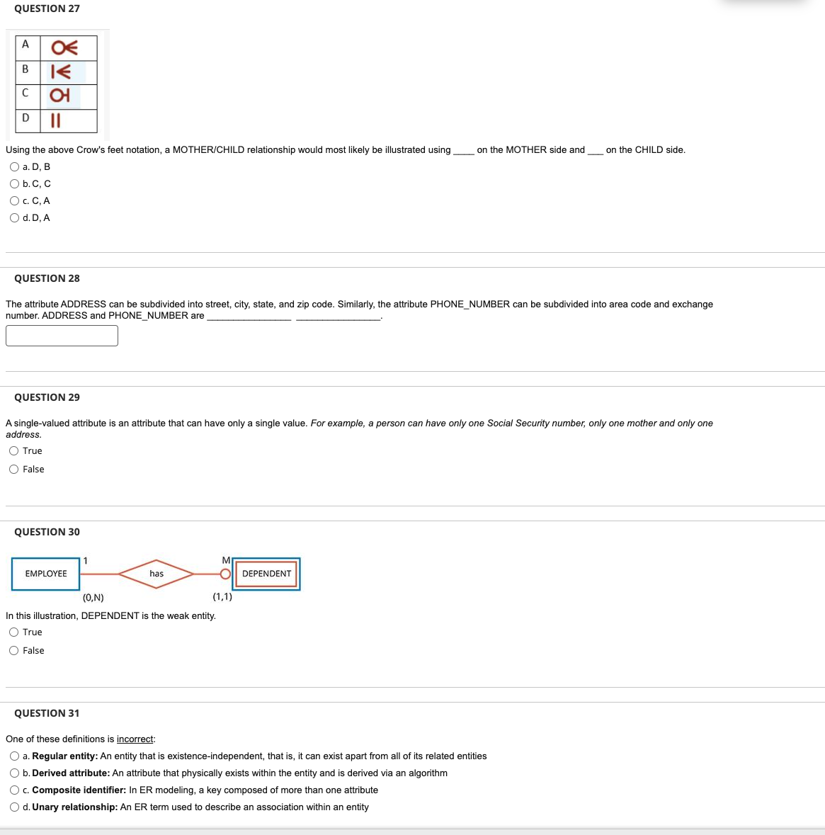  QUESTION 27 Using the above Crow's feet notation, a MOTHER/CHILD relationship