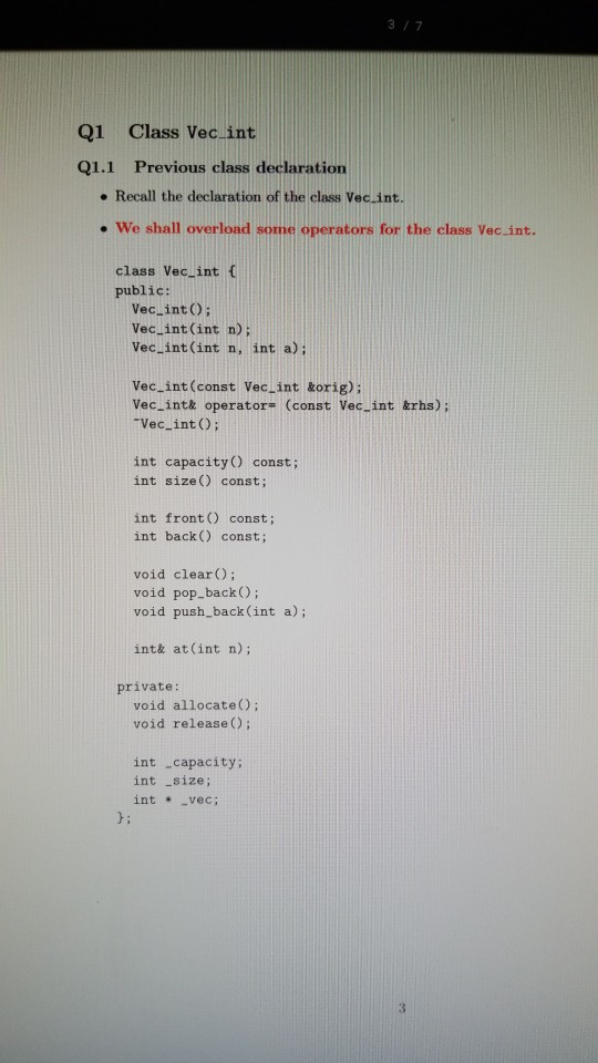  Q1 Class Vec int Q1.i Previous class declaration e Recall the