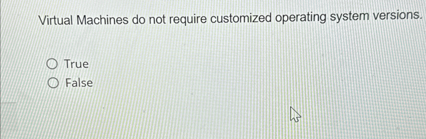  Virtual Machines do not require customized operating system versions. True False