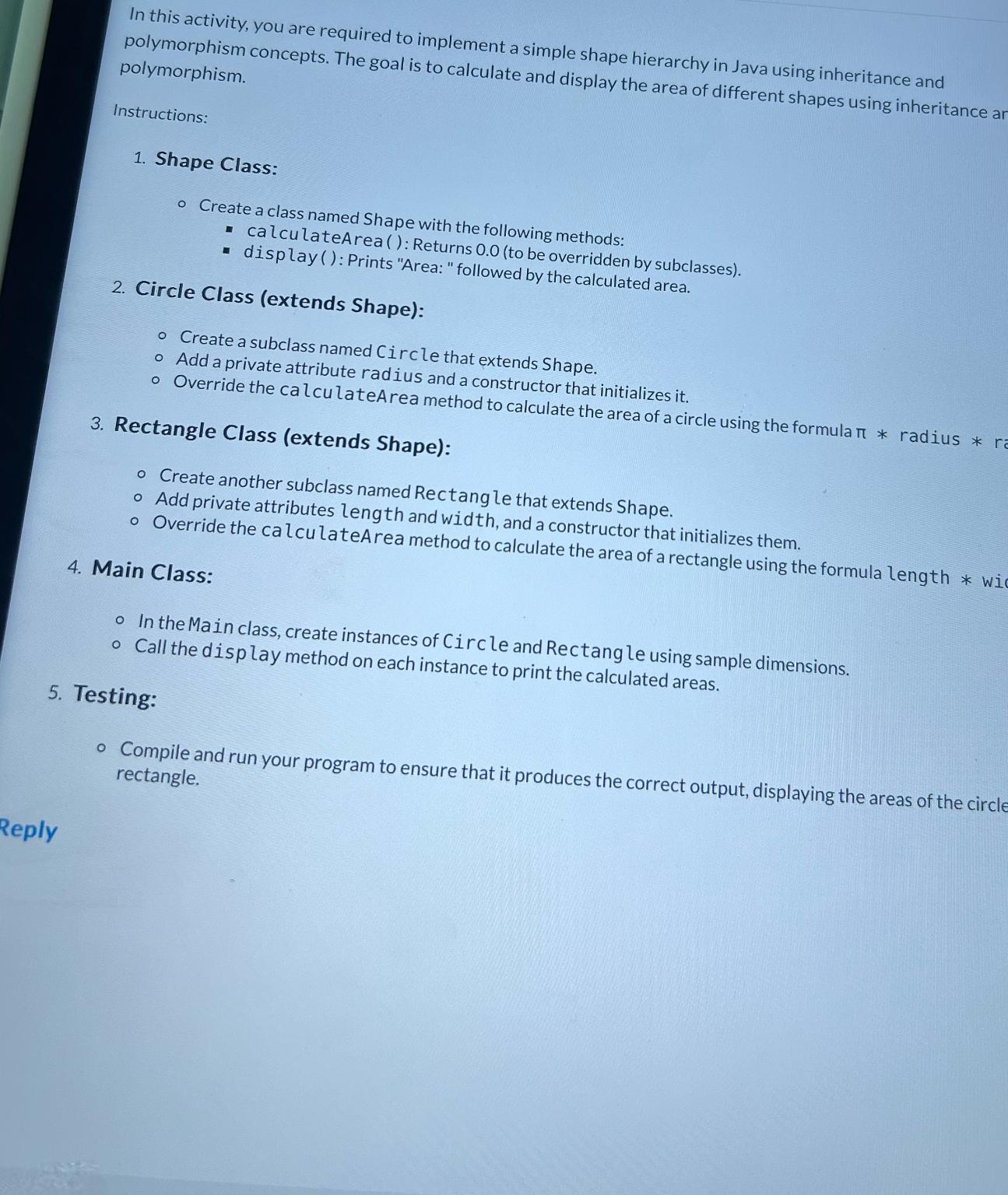  In this activity, you are required to implement a simple shape