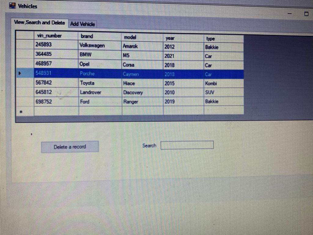 Delete Add Vehicle brand model year vin_number 124538 type SUV Sportage Amarok