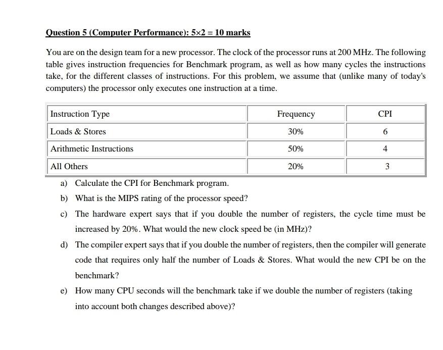 Solve (e) number only Question 5 (Computer Performance): 5x2 = 10