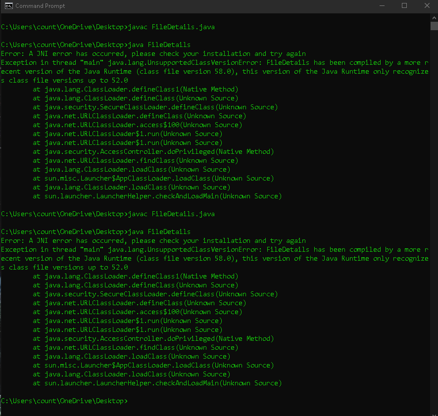 program. Does anyone know why this is happening? - ile C:\Users\count\OneDrive\Desktop\FileDetails.java -