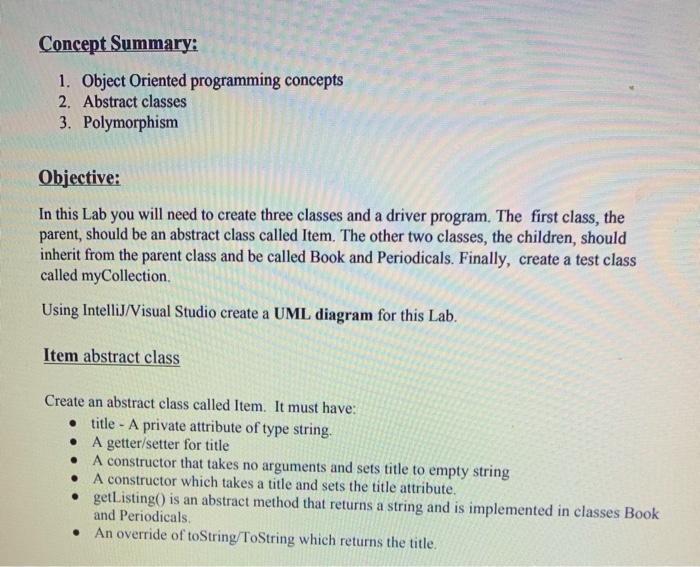 need this in java please! Concept Summary: 1. Object Oriented programming concepts