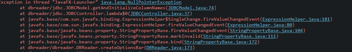 exception in thread "JavaFX-Launcher" java.lang.NullPointerException at dbreader/jdbc. JDBCModel.getAnd InitializeColumnNames (JDBCModel.java:74) at