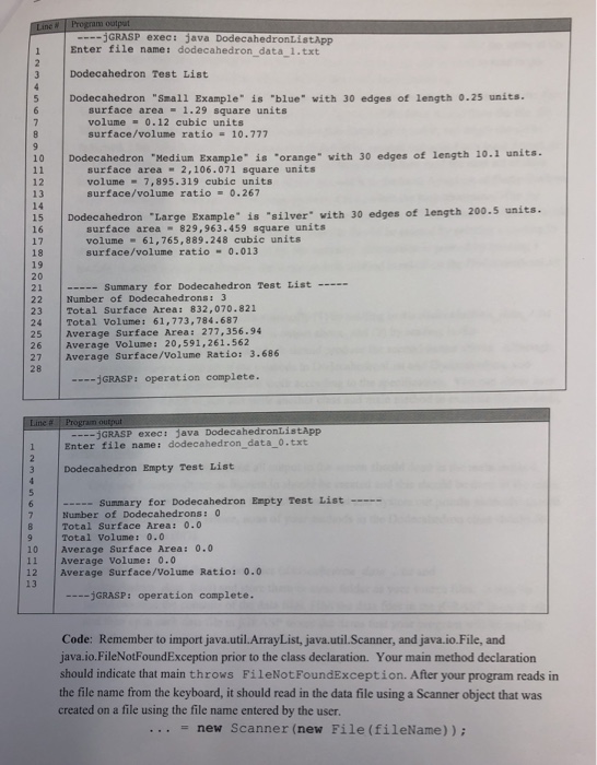 that return the name of the list, number o Dodecahedro area, average