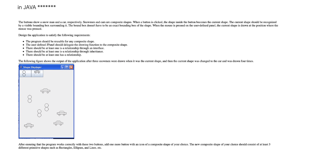  in JAVA The buttons show a snow man and a car,