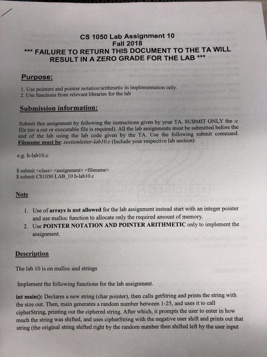  CS 1050 Lab Assignment 10 Fall 2018 FAILURE TO RETURN THIS