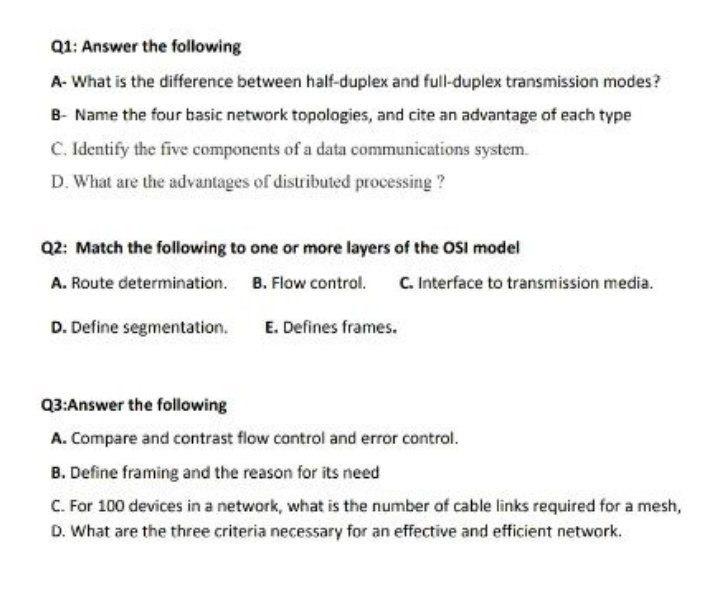 Q1: Answer the following A- What is the difference between half-duplex