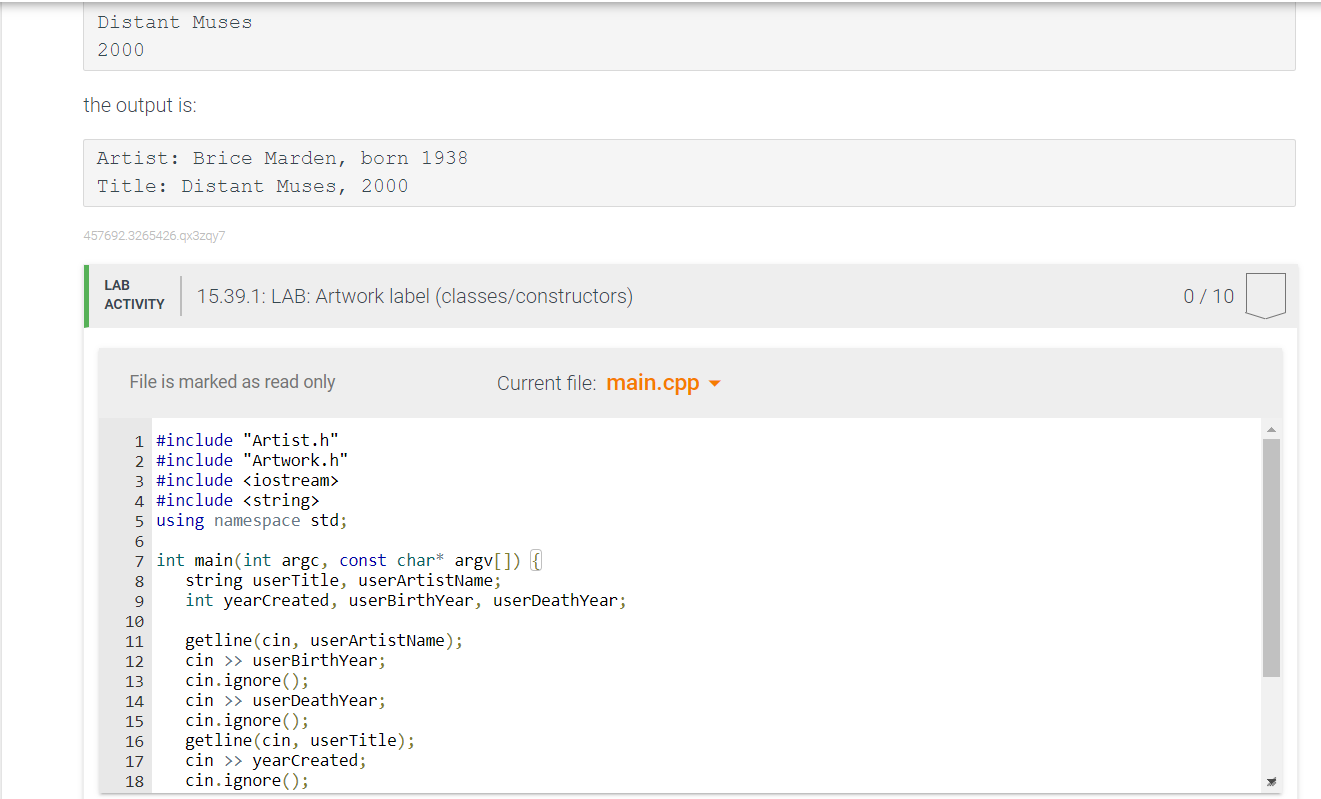 C++ please Given main(), complete the Artist class (in files Artist.h and