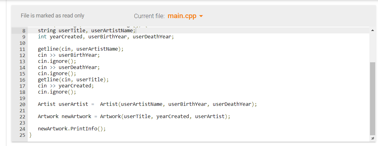 Artist.cpp) with constructors to initialize an artist's information, get member functions, and