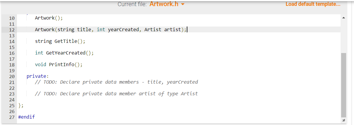 files Artwork.h and Artwork.cpp) with constructors to initialize an artwork's information, get