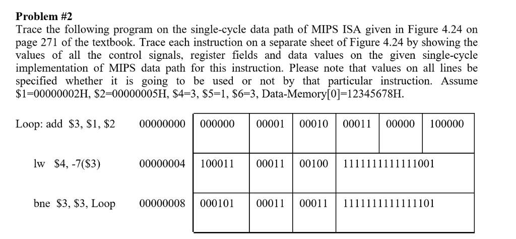  Problem #2 Trace the following program on the single-cycle data path