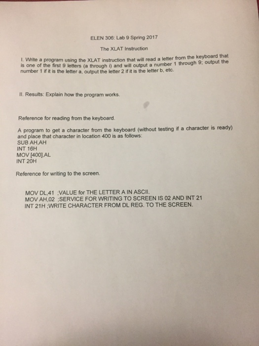  Write a program using the XLAT instruction that will read a